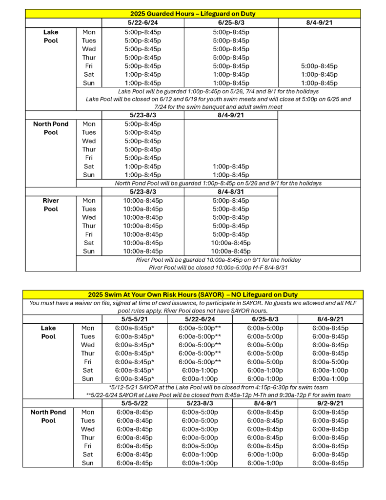 2025 Pool Hours